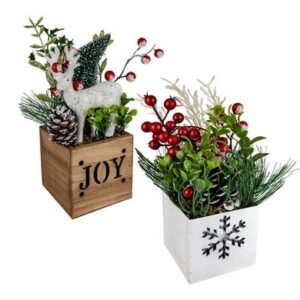 XMAS TABLE DECOR WOODEN BOX W/BERRY TREE