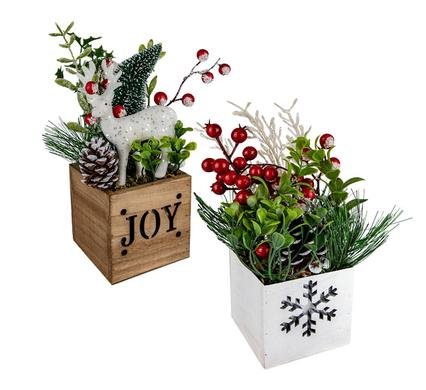 XMAS TABLE DECOR WOODEN BOX W/BERRY TREE
